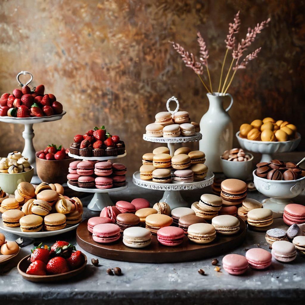 A beautifully arranged gourmet pastry display featuring a variety of intricately designed pastries such as macarons, éclairs, and tartlets. The background showcases elegant baking tools like rolling pins and whiskers, and a soft light bathes the scene, creating a warm and inviting atmosphere. Fresh ingredients like strawberries and chocolate pieces are scattered artistically around the setup. This image should evoke a sense of culinary mastery and creativity. super-realistic. warm colors. soft focus.