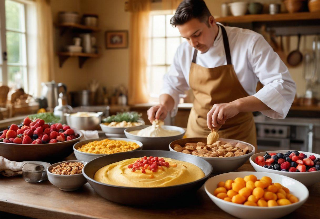 A cozy kitchen scene filled with vibrant ingredients like flour, sugar, and colorful fruits, showcasing a chef expertly whisking batter in a mixing bowl. In the background, a table displays an array of beautifully decorated desserts and fried snacks, illuminated by warm, natural light. The chef is mixing with passion, while an open recipe book reveals gourmet instructions for creating mouth-watering treats. The atmosphere is inviting and inspirational, capturing the essence of culinary mastery. super-realistic. warm colors. cozy ambiance.