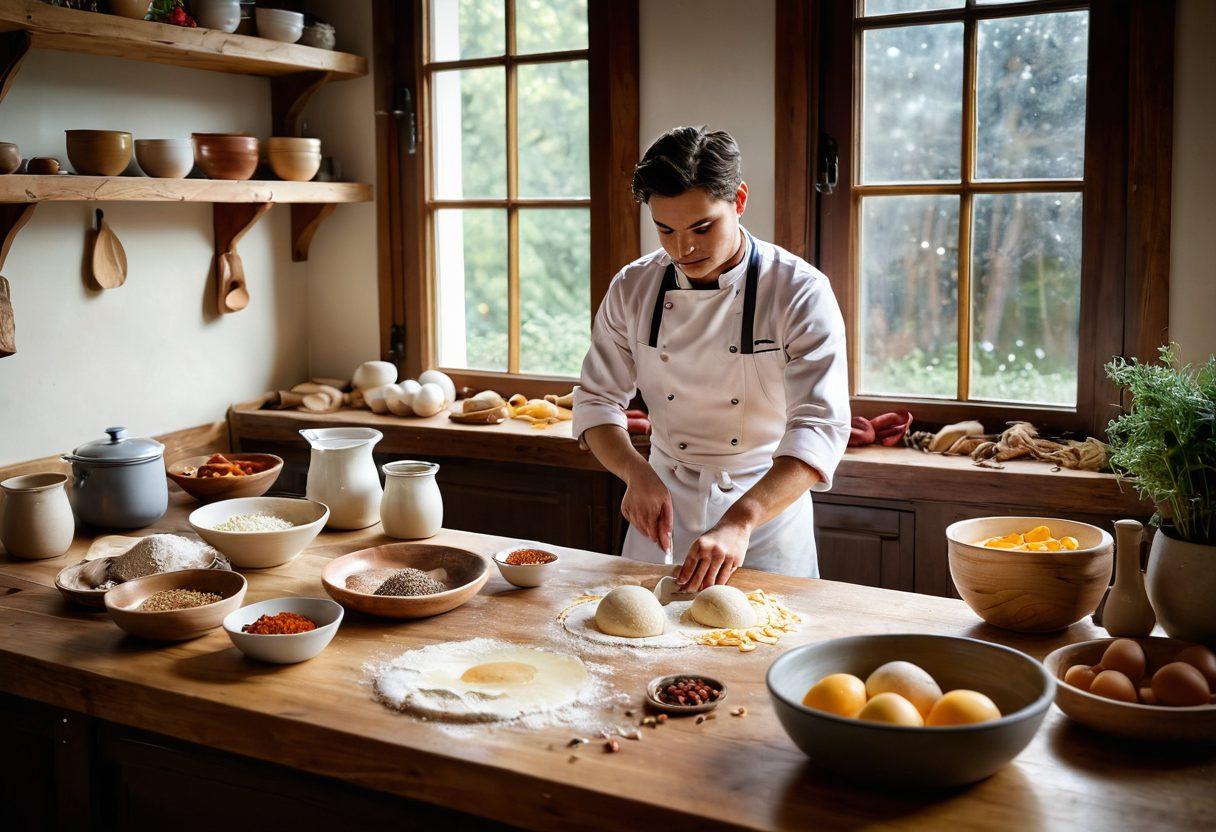 A cozy kitchen scene with a chef skillfully kneading dough on a wooden countertop, surrounded by vibrant ingredients like flour, eggs, and colorful spices. Soft natural light streams through a window, illuminating a recipe book open to creative dough recipes. Include a few imaginative dough shapes and baked goods in the background for inspiration. warm tones, super-realistic, cozy atmosphere.